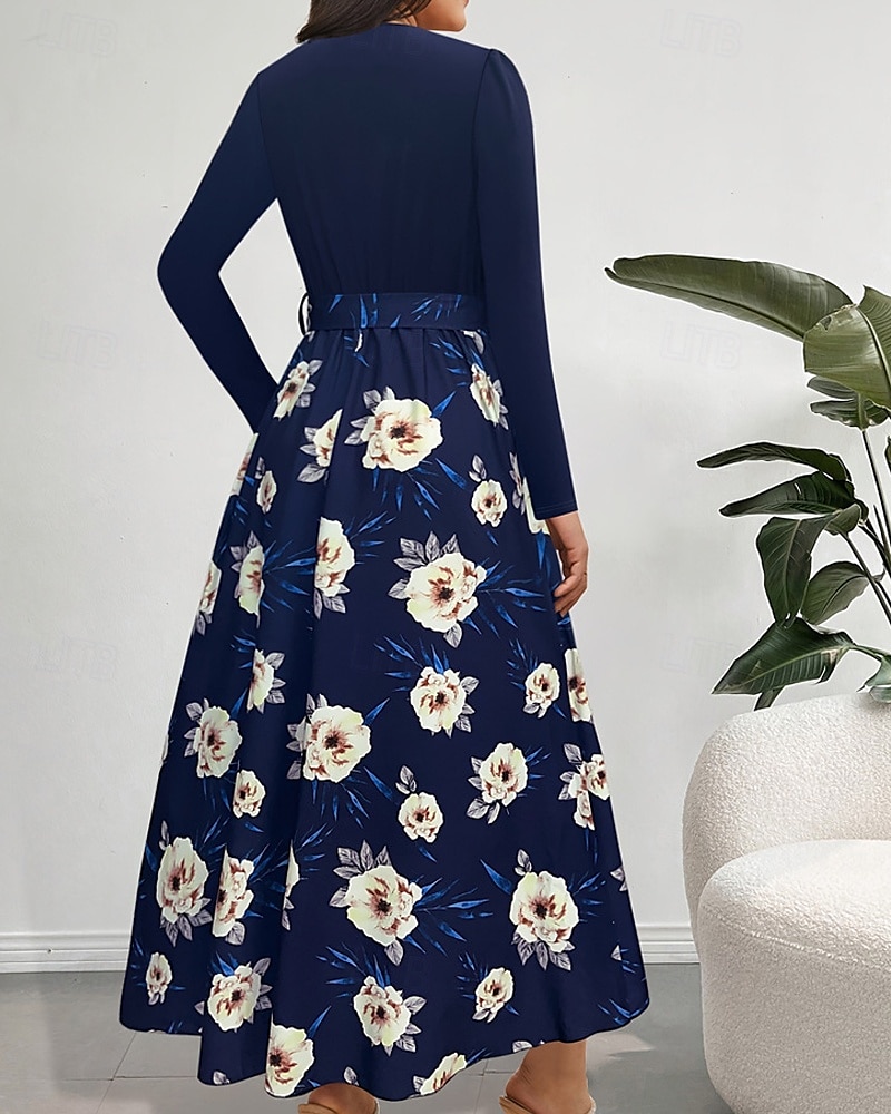 Femmes Robe Longue Maxi Robe Robe Imprimée Mode Extérieur Vacances Fête Coupe régulière Fleur manche longue Col en V Bleu Automne de 2025 ? $25.99 –P4
