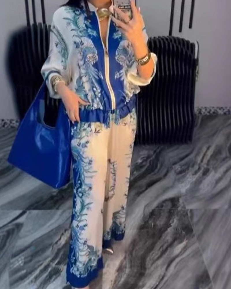 Per donna Blusa Set di Pantaloni Manica Lunga Collo alla coreana Floreale Coulisse Stampato Attivo Moda All'aperto Uscire Blu Arancione Verde Autunno Vestibilità regolare del 2026 a $68.99 –P11