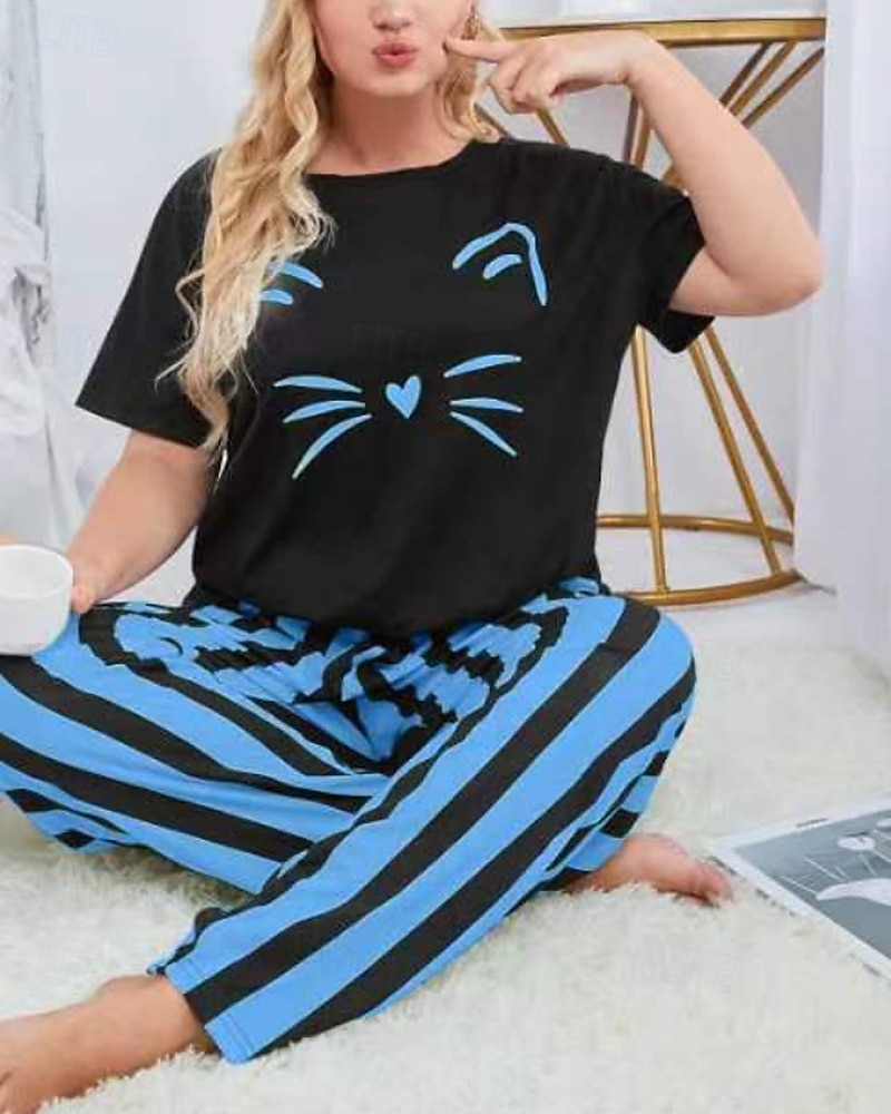 Per donna Attivo Blusa Set di Pantaloni Manica Corta Girocollo Gatto A righe Stampato Vacanza Casual Quotidiano Nero Giallo Rosa Autunno Vestibilità regolare del 2025 a $18.99 –P1