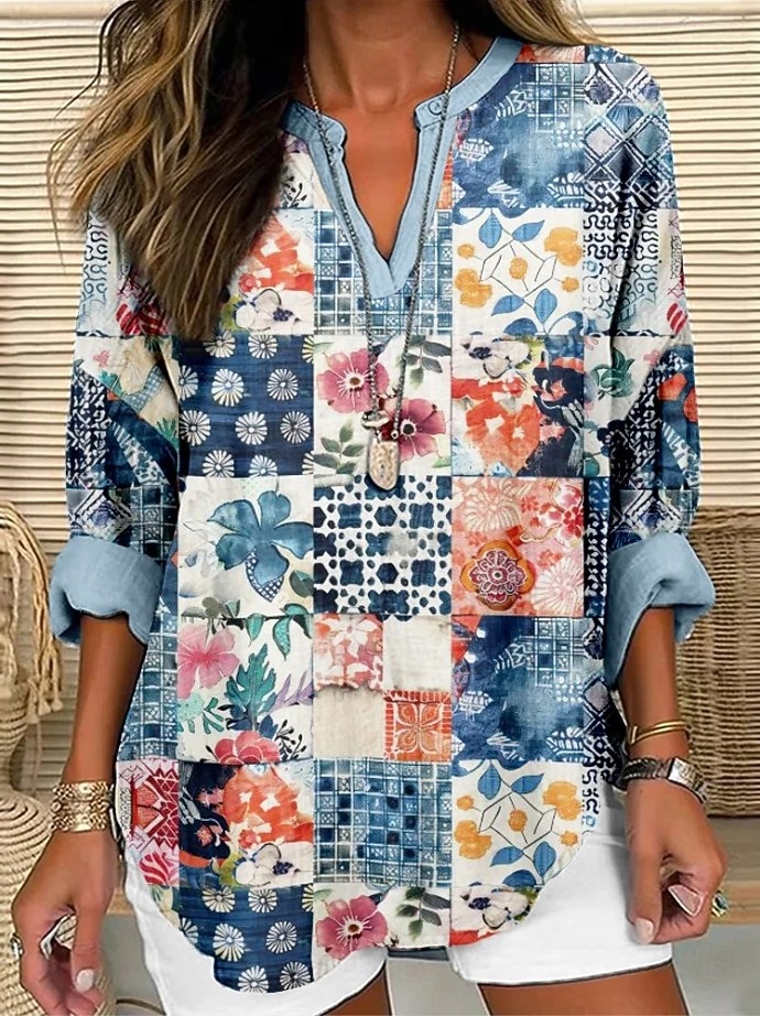 Blusa da donna in lino simile traspirante leggera tunica scollo a V a maniche lunghe boho casual grafico geometrico color block elegante bohemia vintage da indossare quotidianamente stampa blu denim del 2026 a $32.99 –P5