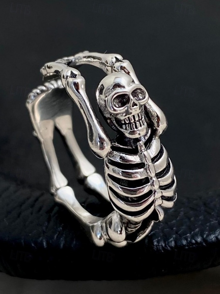 Halloween-skjelettring til dame – justerbar åpen viklering, sølvfarget legering med gotisk punk-hodeskalle og beindesign, statement-smykker til kostymefester, cosplay og kvelder ute 2025 - $7.99 –P3