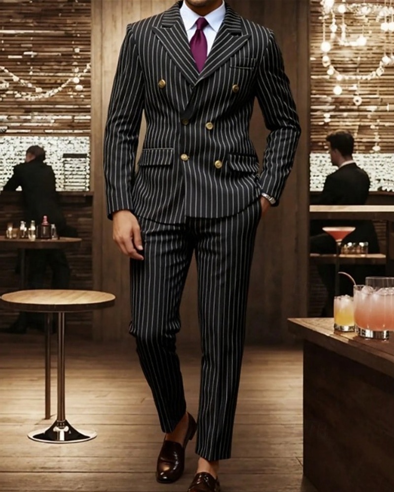 Herren Blazer Set Geschäft Cocktailparty Hochzeitsfeier 2 Stück Mode Lässig Frühling Herbst Polyester Gestreift Tasche Knöpfe Bequem Doppelreihig Blazer Schwarz 2025 - $58.99 –P1