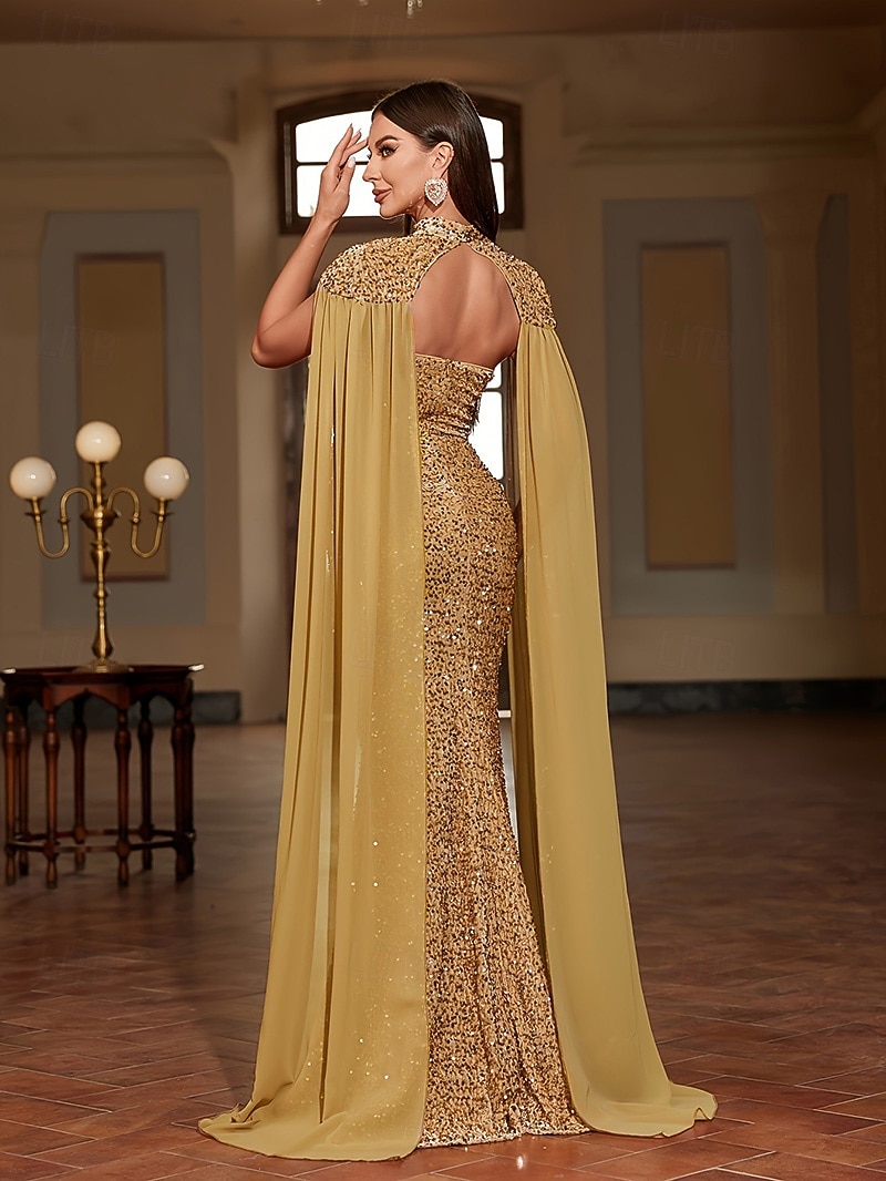 Sirena Tromba Lunghezza al pavimento Abito da ballo con mantello Abito da Sera Abito formale Elegante Scintillante Stile Celebrità Senza Maniche Scollo a Barca Festa in giardino Matrimonio Chiffon del 2026 a $172.99 –P3