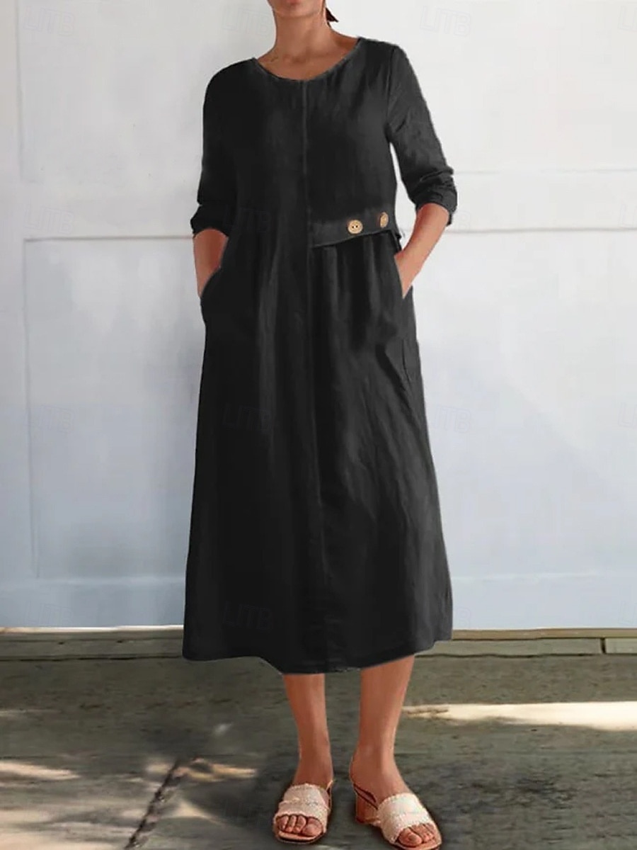 Femmes Robe Midi Robe Décontractée Robe en coton et lin Basique Moderne Quotidien Week-end Coupe régulière Uni Manche 3/4 Col ras du cou Noir Blanche Jaune Rouge Été Printemps Automne de 2025 ? $28.99 –P2