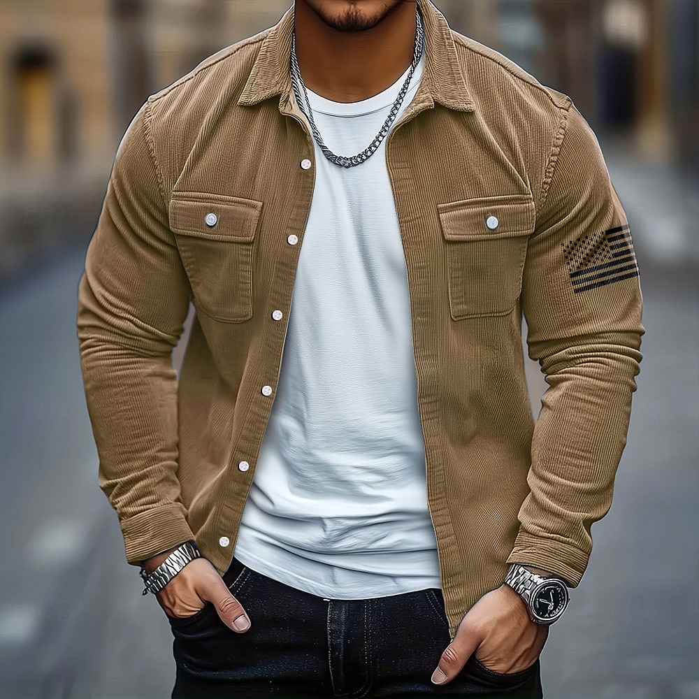 Pánské Americká americká vlajka Kordurová košile Košile bunda Overshirt Dlouhý rukáv Na běžné nošení Venkovní Na den Podzim Zima Přehnutý Tlačítko dolů Teplé Bunda s klopovými kapsami Vodní modr 2025 - $29.99 –P3
