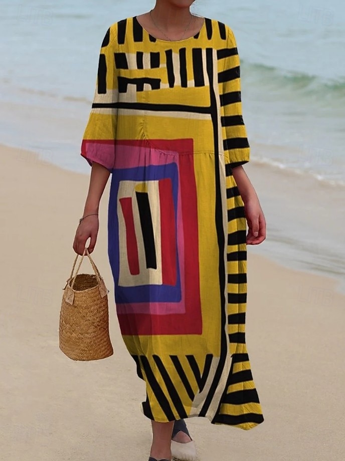 Abito maxi da donna in lino come traspirante leggero kaftano a maniche 3/4 scollo tondo casual abito a trapezio abito boho grafica geometrica giallo rosso marrone chiaro marrone del 2026 a $41.99 –P3