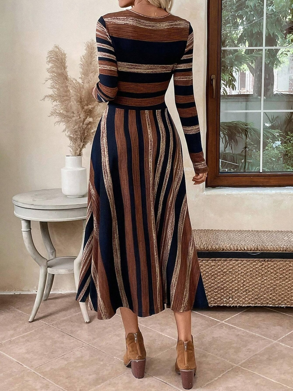 Damen Midikleid A Linie Kleid Figurbetontes Kleid Lässig Normale Passform Grafik Geometrisch Langarm Rundhalsausschnitt Braun Sommer Herbst Winter 2025 - $36.99 –P2