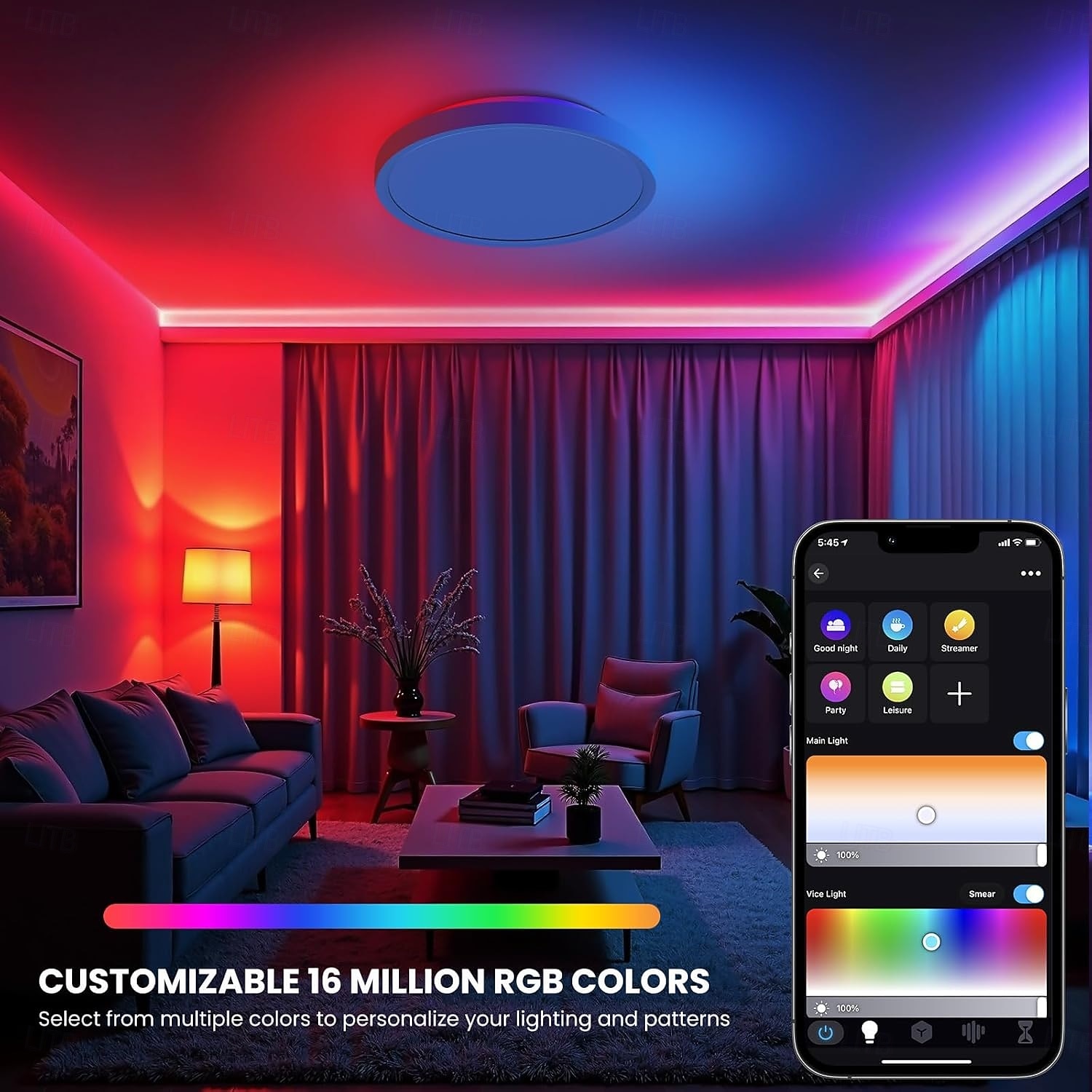 גוף תאורת תקרה חכם RGB LED 2700lm עובד עם Alexa 2700k-6500k גוף תאורה להתקנה שטוחה צבעים DIY WiFi ניתן לעמעום גוף תאורה סביבתי נמוך לחדר שינה, סלון, מסיבה 2025 - $57.99 –P1