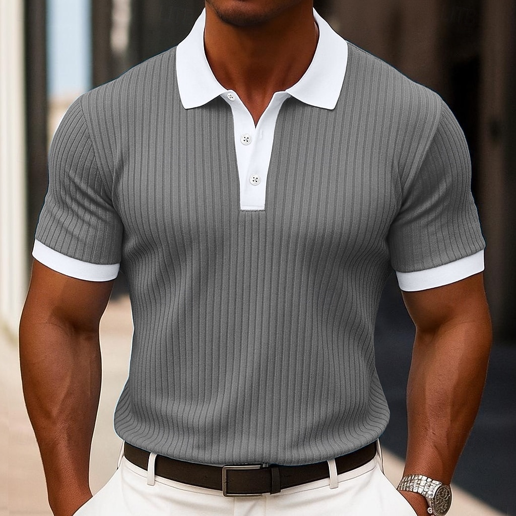 Herr Muskelskjorta Golftröja Arbete Ledigt Ribbstickad polokrage Klassisk Kortärmad Grundläggande Modern Färgblock Ribbad Sommar Vår Vår & sommar Smal passform Vit Blå Grön Grå Muskelskjorta 2025 - $25.99 –P10