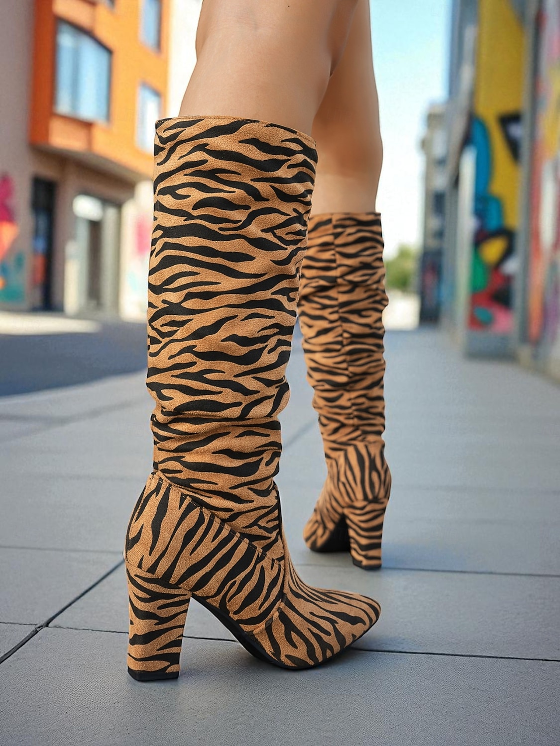 Women's Zebra - Striped Slouchy Knee - High Block Heel Boots - Edgy Streetwear Shoes for Casual Hangouts and Night Events 2026 - $46.99 –P3