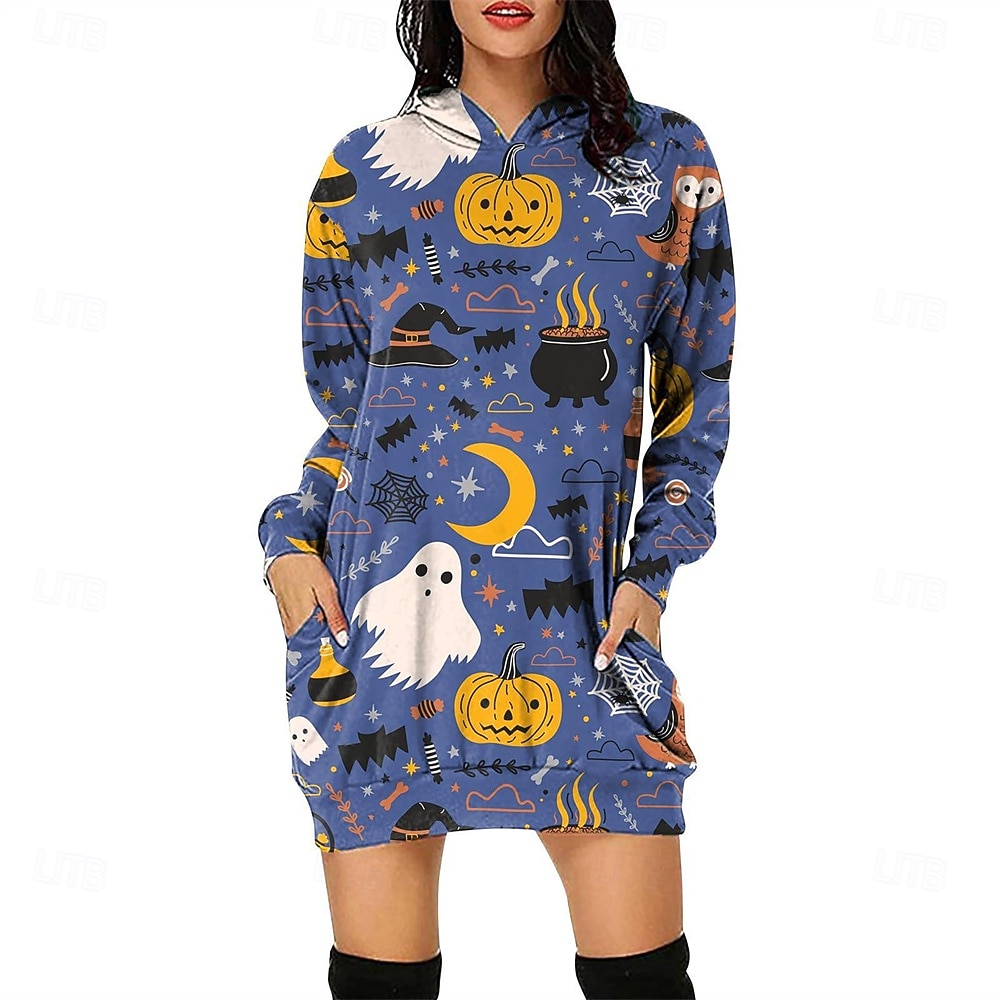 Femmes Mini Robe Robe à Capuche Robe Décontractée Mode Moderne Halloween Quotidien Week-end Coupe régulière Potiron manche longue À capuche Jaune Bleu Violet Vert Printemps Automne de 2025 ? $21.99 –P1