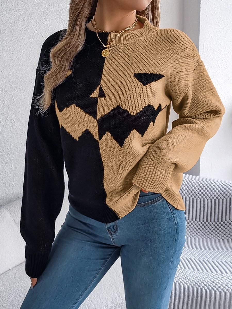 Maglione da donna Halloween con zucca casual morbido grafica colletto a coste maniche lunghe top regolari lavorato a maglia arancione khaki autunno inverno pre-autunno del 2025 a $31.99 –P9