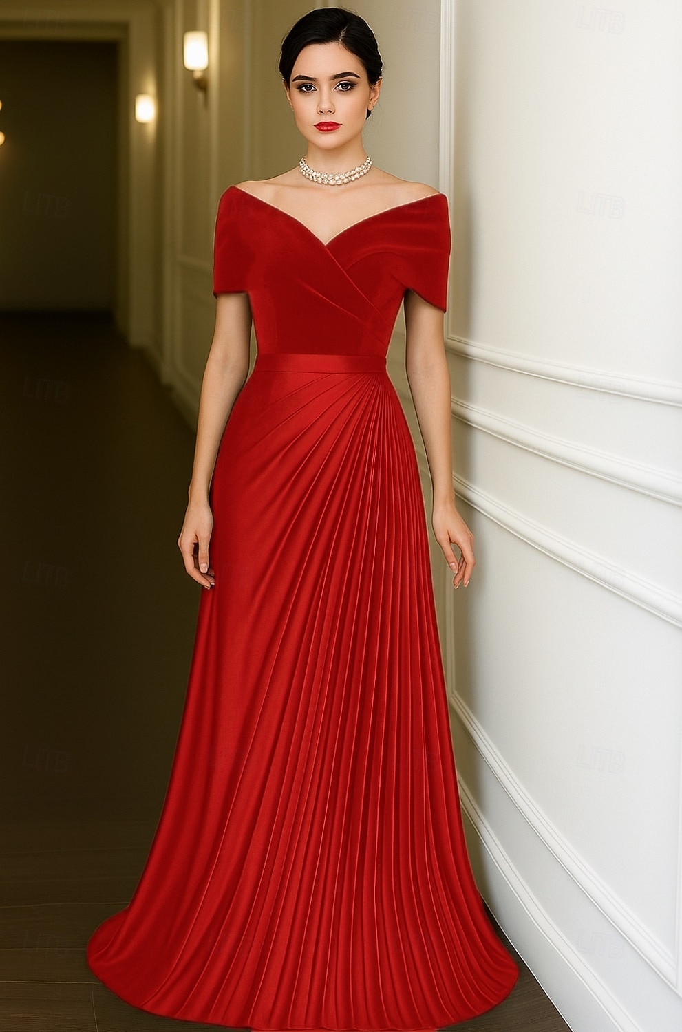 Green Black Velvet A-Line Evening Gown Elegant Dress Formal Wedding Floor Length Short Sleeve Off Shoulder Satin with Pleats 2025 2025 - $149.99 –P2