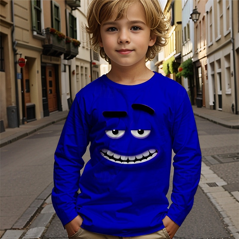 Pojkar tecknat roligt leende ansikte t-shirt långärmad 3D-tryck höst vintermode grundläggande barn 4-12 år rund hals utomhus casual daglig normal passform 2025 - $13.99 –P6