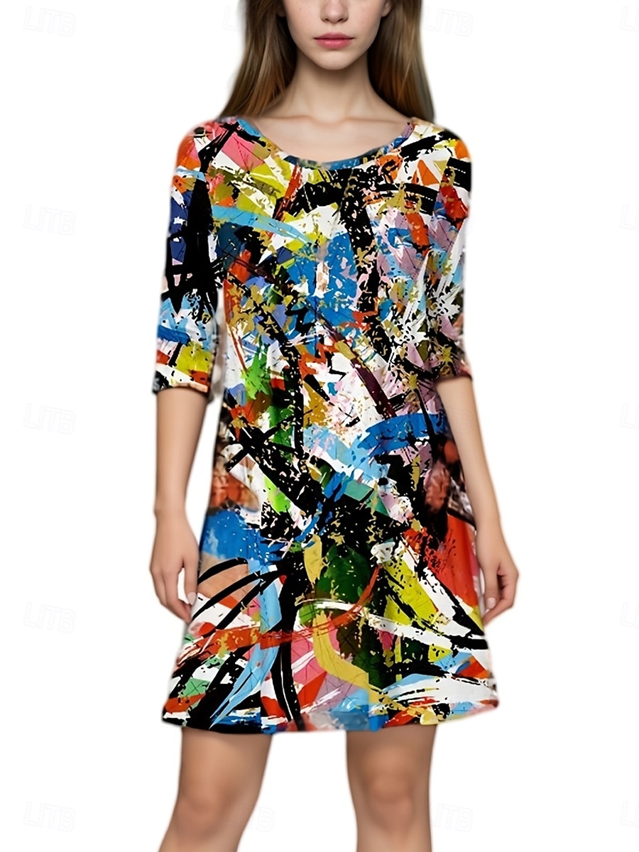 Halloween Femmes Mini Robe Robe trapèze Élégant Occasionnel Coupe Ample Imprimé Manche 3/4 Col ras du cou Jaune Bleu Bleu Poudré Bleu de minuit Été Printemps Automne de 2025 ? $22.99 –P3