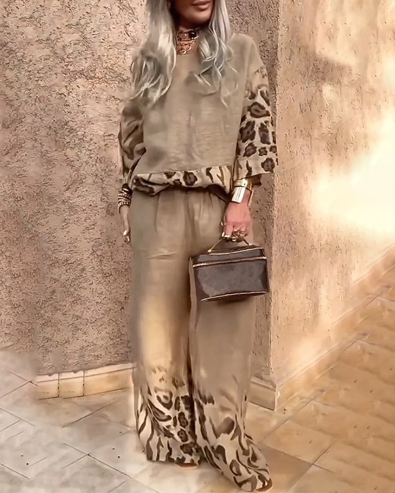 Damen Aktiv Mode Bluse Hosen-Sets Langarm Rundhalsausschnitt Leopard Patchwork Ausgehen Wochenende Schwarz Weiß Rote Herbst Normale Passform 2025 - $27.99 –P1