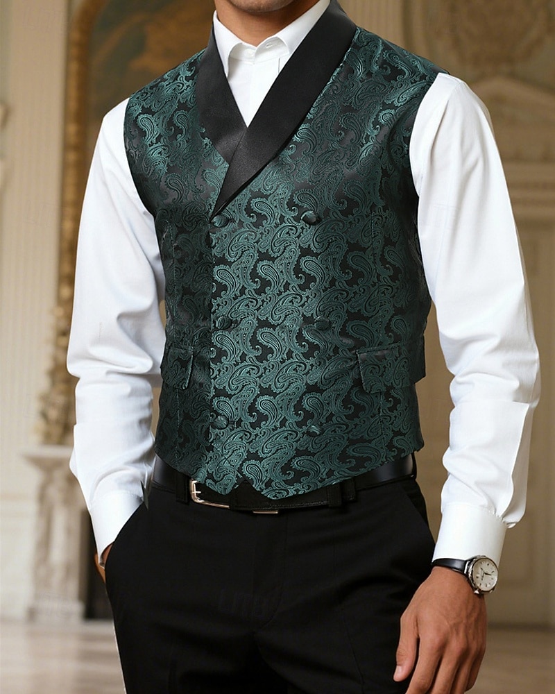 Herre سترة Veste Gilet Feriereise Fest Virksomhet Mote Fritid Vår Høst Lomme Knapper Polyester Bekvem Paisly Enkelt Brystet Enn-knapp Knaphul Normal Mørkegrønn Vest 2025 - $35.99 –P1