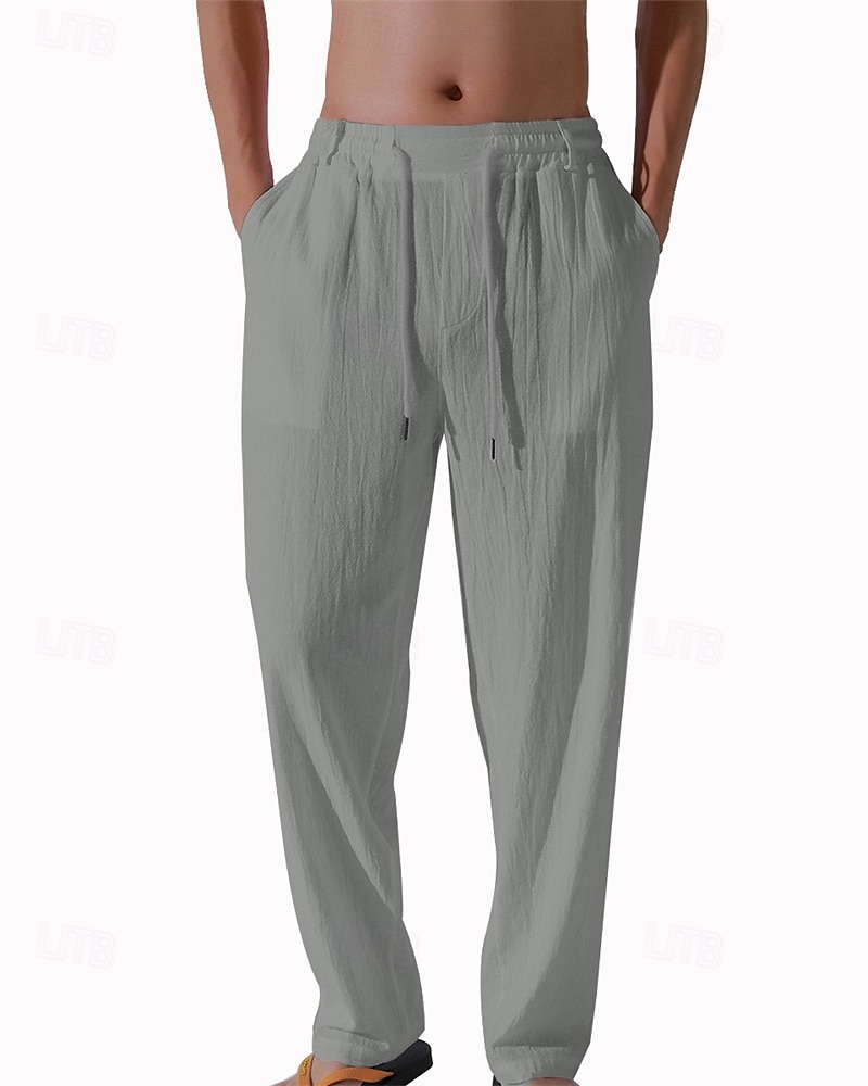 Herr Linne Byxor Långbyxor Sommarbyxor Strandbyxor Snörning Ficka Elastisk midja Slät Komfort Andningsfunktion Semester Dagligen Helgdag Hawaiisk Boho 다크 카키 Svart 2025 - $17.99 –P7