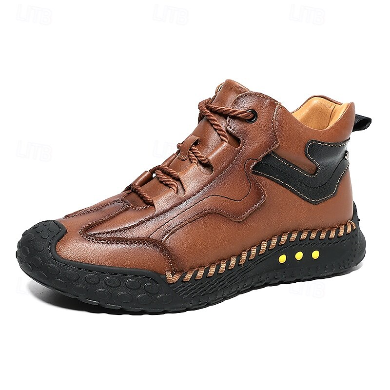 Tênis casual masculino de cano alto em couro sintético marrom com sola de borracha antiderrapante – calçado esportivo confortável com cadarço para caminhadas ao ar livre, viagens e uso diário de 2025 por $46.99 –P1