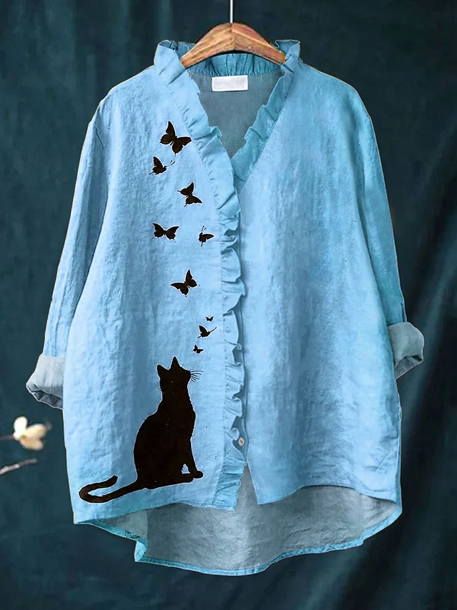 Dame Bluse Grafisk Katt Sommerfugl Elegant Bohem Aktiv Langermet V-hals Lange topper Daglig Ferie Ut på byen Drapering Gul Rosa Blå Lilla Grønn Vår Høst 2025 - $24.99 –P3