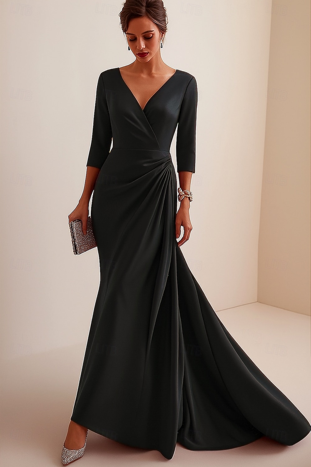 Sirena / Tromba Tubino / Colonna Abito da Sera Elegante Vestito Formale Matrimonio Lunghezza al pavimento Manica 3/4 Scollo a V Raso Schiena a V con Volant 2025 del 2025 a $139.99 –P3