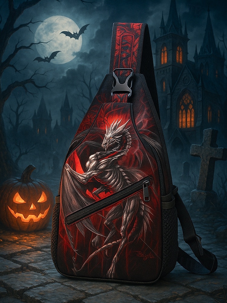 Męska torba na ramię z nadrukiem smoka na Halloween od Ruth Thompson – plecak na ramię w stylu gotyckim z dużą pojemnością, regulowanym paskiem i wieloma kieszeniami, idealny na festiwale, podróże i do codziennego użytku 2025 - $24.99 –P2
