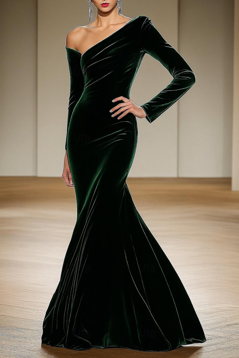 grün schwarz Meerjungfrau/Trompete Abendkleid elegantes Kleid formelle Hochzeit bodenlang langarm schulterfrei Samt mit Falten 2025 2025 - $149.99 –P1