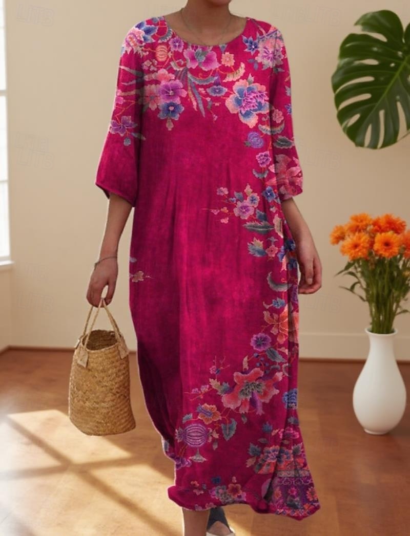 Mujer Vestido Midi Vestido informal Vestido Estampado Vintage africano Diario Playa Fin de semana Ajuste regular Floral Manga 3/4 Cuello Barco Rosa Rojo Fucsia Verde Trébol Otoño 2026 - $34.99 –P2