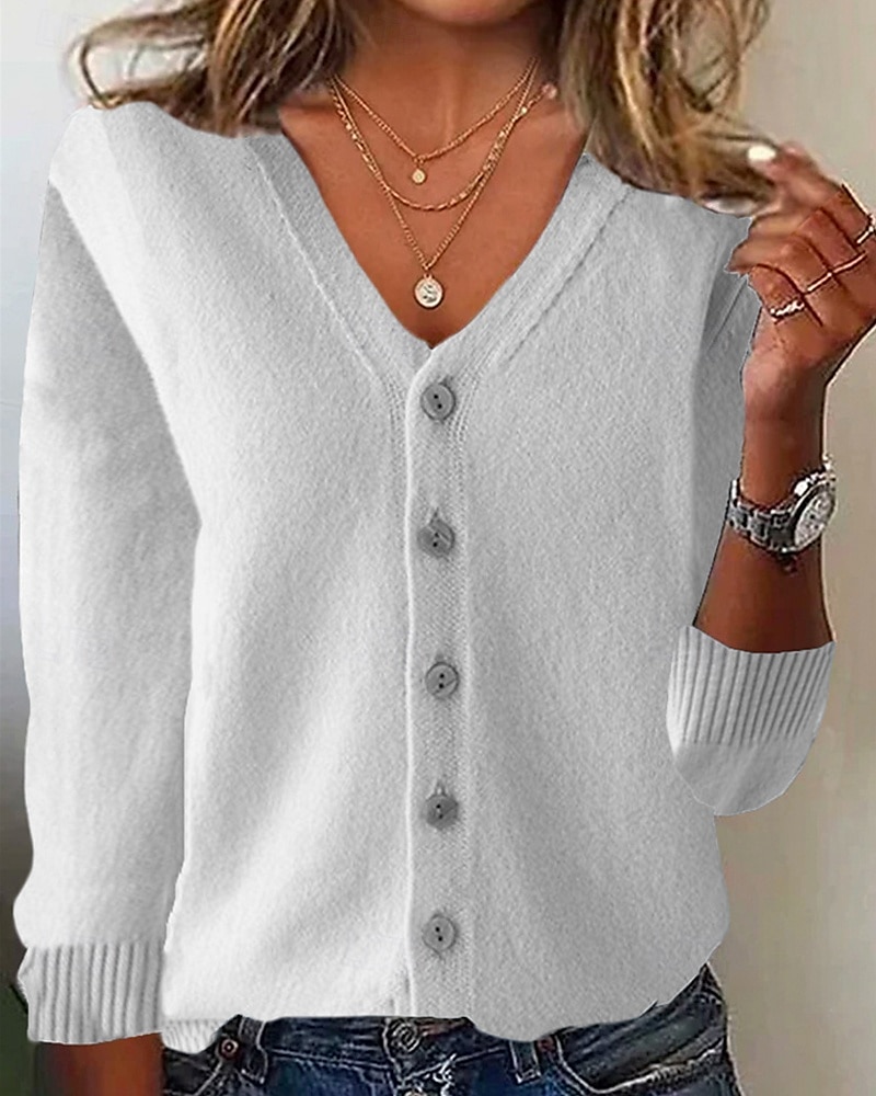 Per donna Felpa Cardigan Moda Streetwear Quotidiano Tinta unica A Coste Scollo a V Lavorato a maglia Manica Lunga Top Regolari Maglia Ferie Uscire Weekend Nero Bianco Autunno Inverno del 2025 a $9.99 –P12