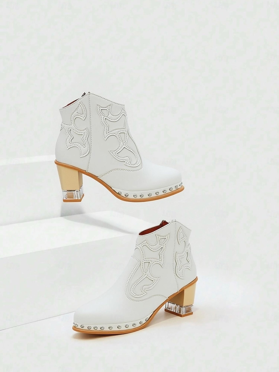 botine de damă din piele albă - cu ornamente împânzite, design brodat și toc gros din lemn pentru ținute casual la modă 2026 - $54.99 –P3