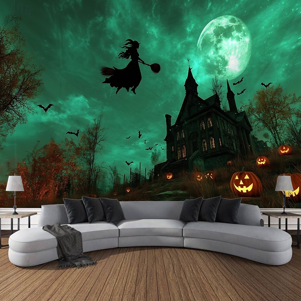 שטיח רקע ליל כל הקדושים, תליית קיר של טירת רפאים בלילה, דלעת מכשפה, ציור קיר דקורטיבי גדול לחדר שינה, סלון, מסיבה וקישוט הבית 2025 - $14.99 –P3