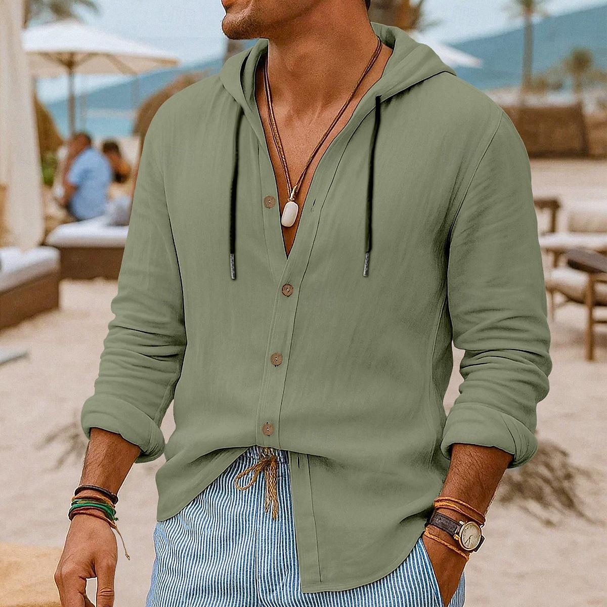 Herren Hemd Leinenhemd Strandbekleidung Knopfhemd Kapuzenhemd Einfach Urlaub Lässig Schwarz Weiß Blau Grün Langarm Mit Kapuze Sommer Frühling & Sommer Bekleidung Knöpfe 2025 - $25.99 –P6
