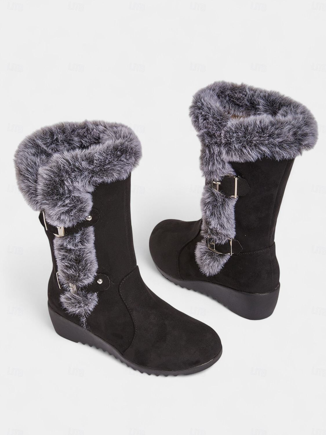 מגפי חורף שחורים לנשים עד אמצע השוק - מגפי שלג עם בטנת פרווה רכה, עקב טריז נגד החלקה, נעלי טרקים וטיולים חמות 2026 - $36.99 –P2