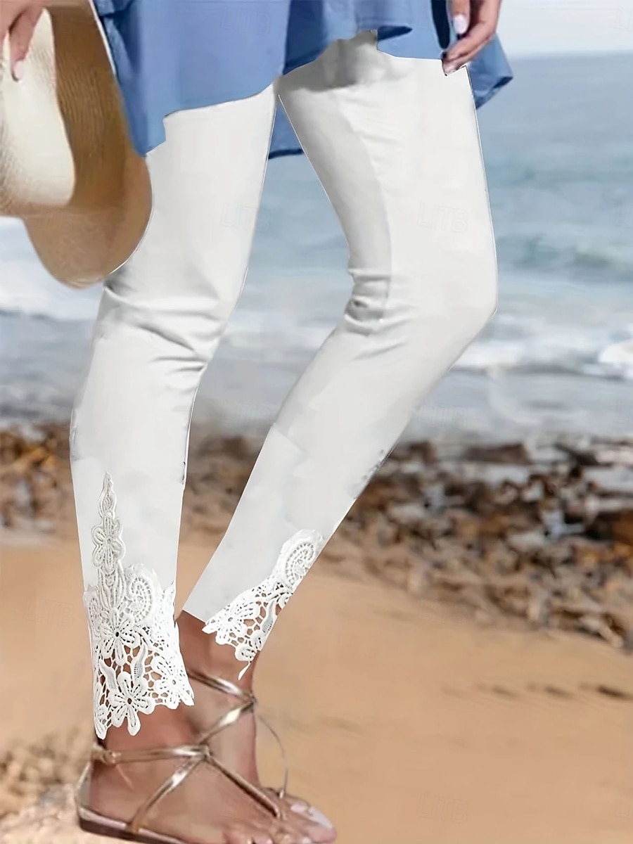 Mulheres chinês Leggings Moda Roupa de rua Básico Comprimento total Cintura Alta Tecido Renda Confortável Macio Com Stretch Ao ar livre Férias Rua Preto Branco Verão Primavera Fino de 2025 por $17.99 –P1
