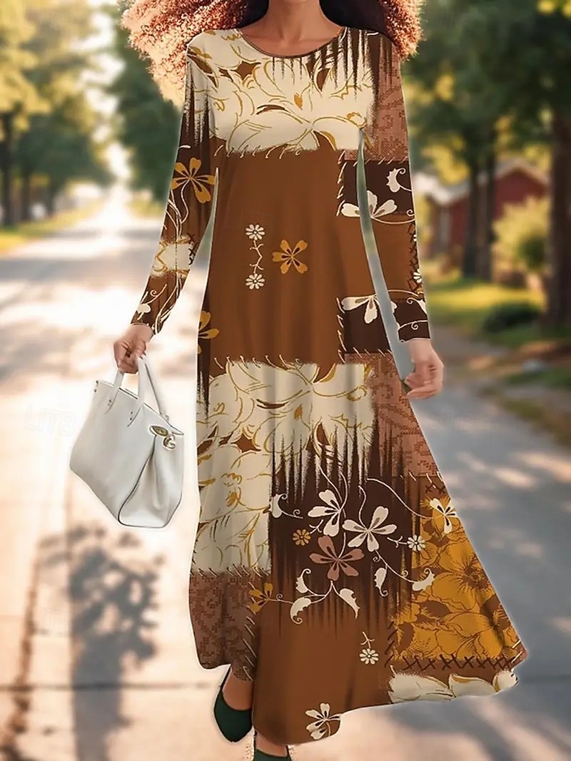Dam Maxiklänning Sheath Dress A linjeklänning Ledigt Boho Bröllopsgäst Dagligen Utekväll Normal Blommig Grafisk Långärmad Rund hals Brun Vår Höst Vinter 2025 - $36.99 –P1