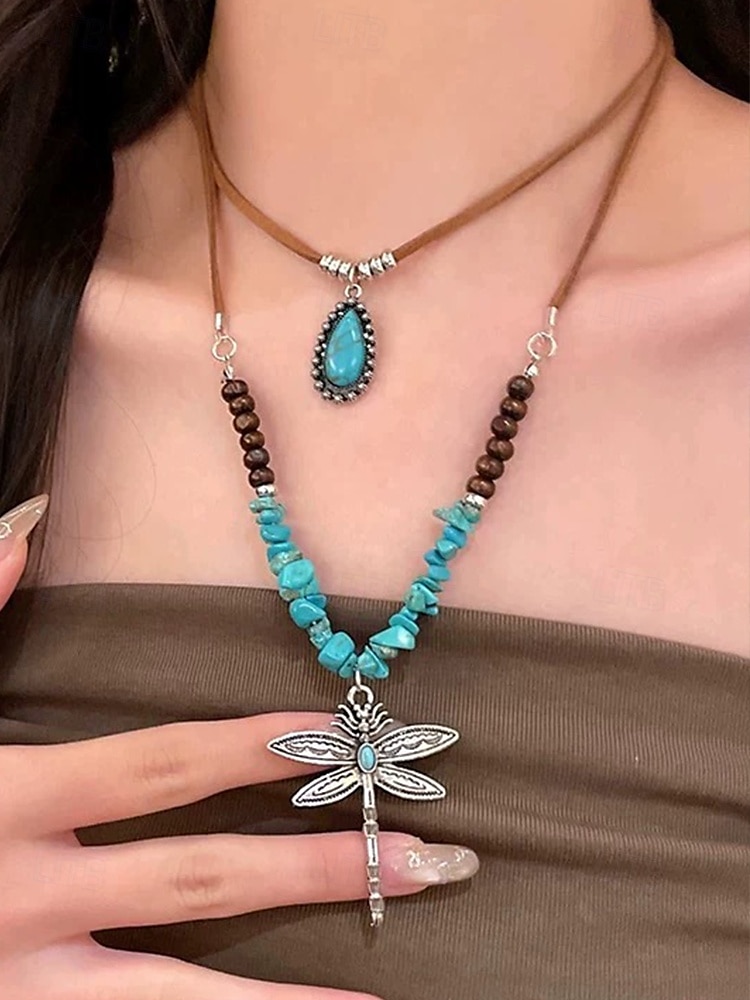 női réteges szitakötő türkiz nyaklánc – bohém medálékszer fesztiválokra, hétköznapi viseletre és ajándékba 2025 - $11.99 –P2
