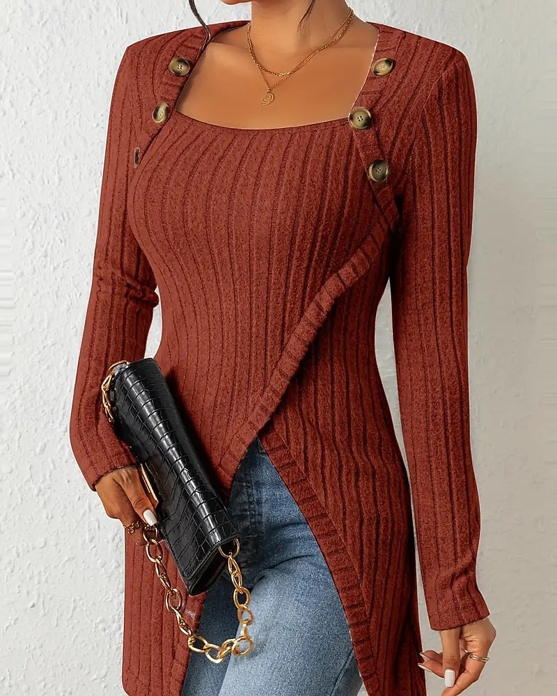 Women's T Shirt Tee Top Buttons Asymmetrical Solid Color Elegant Fashion Long Sleeve Square Neck Regular Tops Daily Weekend Black Brown Rose Pink Gray Spring Fall 2026 - $22.99 –P13