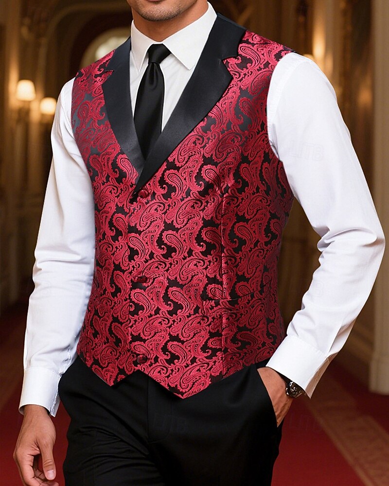 Homme Gilet Vacances Soirée Affaires Mode Occasionnel Printemps Automne Avec Poches Boutons Polyester Confortable Paisley Droit 1 bouton Revers en Pointe Coupe régulière Rouge Gilet de 2026 ? $37.99 –P1