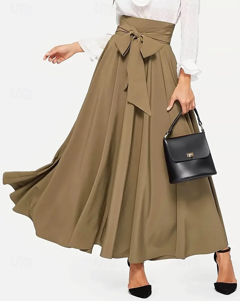 Damen Strumpfhosen Rock A-Linie Mode Lässig Maxi Hohe Taille Röcke Einfach Schleife Urlaub Straße Schwarz Khaki Frühling Polyester 2025 - $17.99 –P2