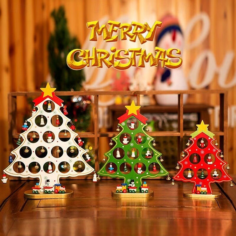 Árbol De Navidad En Miniatura De Madera Para Escritorio – Decoración Festiva De 19 X 28 Cm, Colores Rojo Y Verde – Ideal Para Estantes, Oficina O Regalo