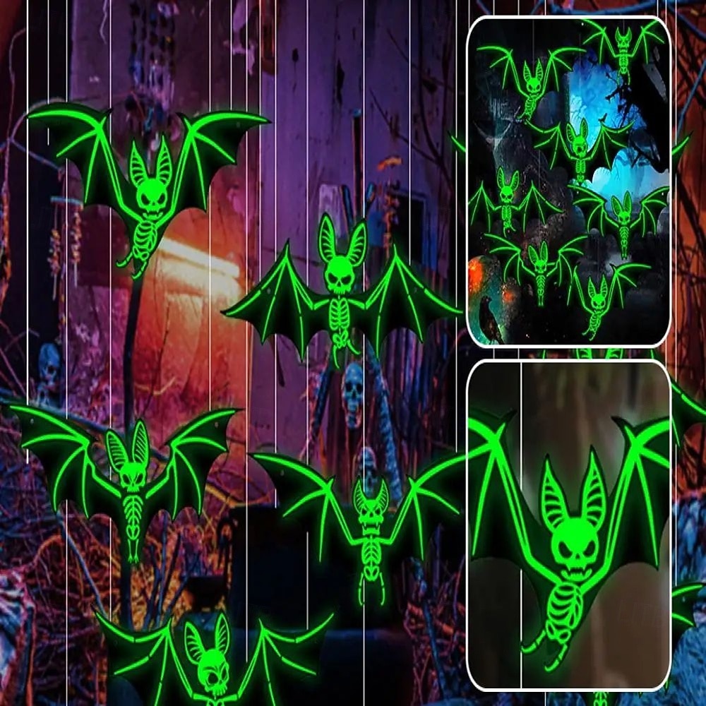 10 pezzi di decorazioni per l'atmosfera horror di Halloween, appese agli alberi con luce notturna fluorescente da pipistrello stereoscopico 3D, decorazioni per feste e case infestate del 2025 a $21.99 –P1