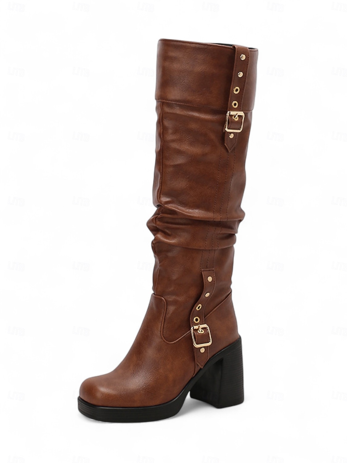 Bottes hautes en similicuir noir pour femme avec brides à boucle et talons carrés - Bottes tendance automne-hiver pour un usage quotidien, un style urbain et des tenues décontractées de 2025 ? $69.99 –P3