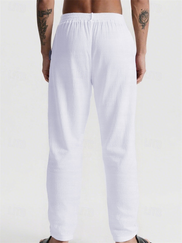 Herr Linne Byxor Långbyxor Sommarbyxor Strandbyxor Snörning Ficka Elastisk midja Slät Komfort Andningsfunktion Semester Dagligen Helgdag Hawaiisk Boho 다크 카키 Svart 2025 - $17.99 –P4