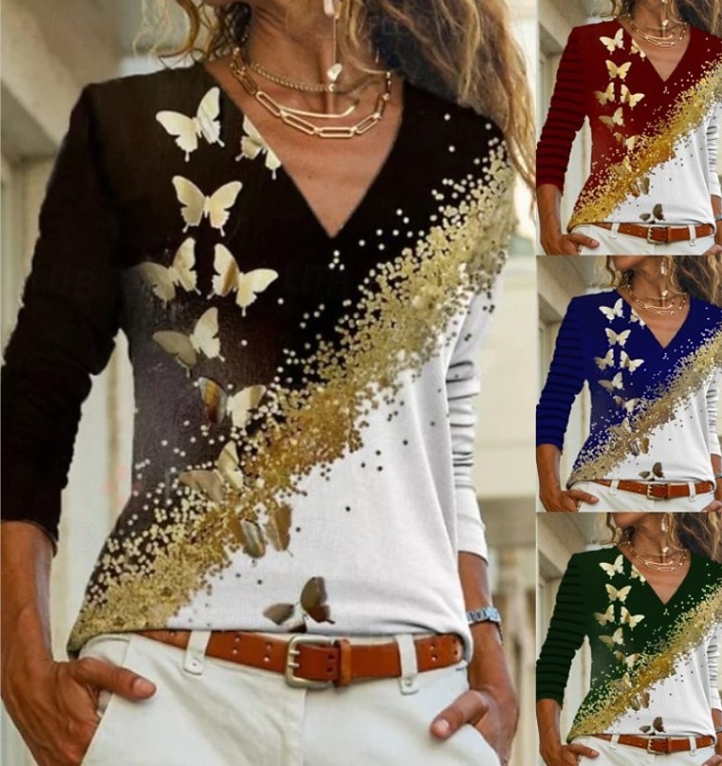 Femmes Chemisier Imprimé Papillon Élégant Moderne manche longue Col en V Hauts Réguliers Fête Sortir Bleu Noir Rouge Vert Automne de 2026 ? $23.99 –P1