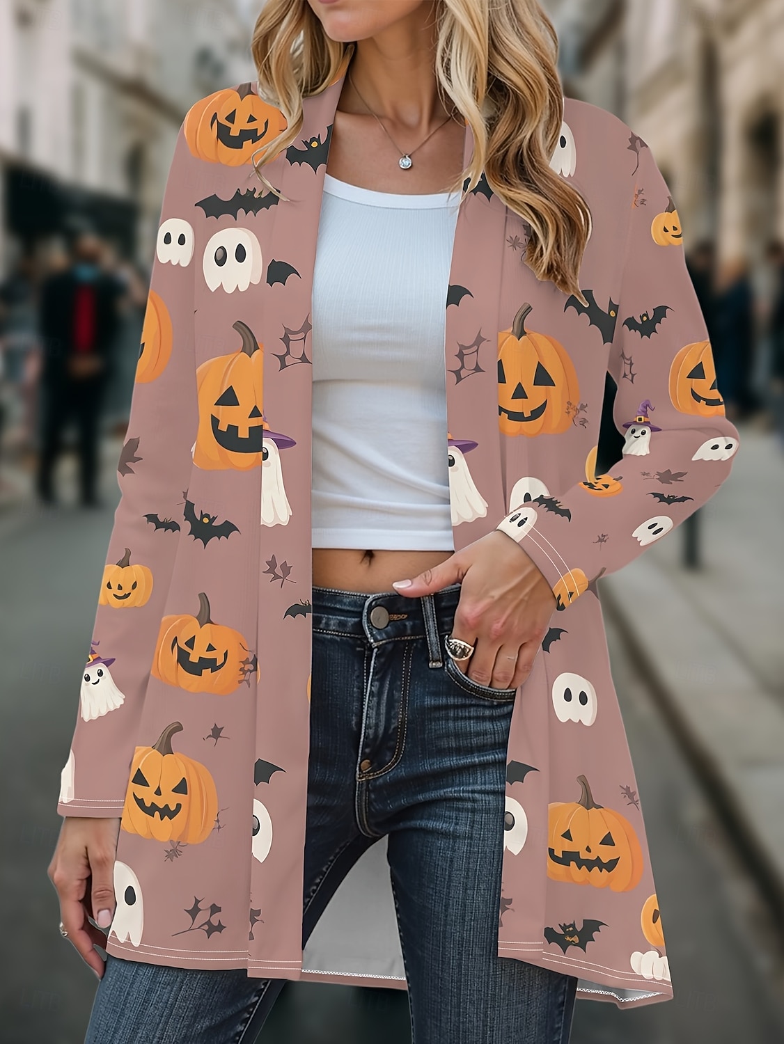 Pentru femei Palton Ușor Comfortabil Imprimeu Epocă Artistic Casual Halloween Dovleac Casual Lung Fără Guler Potrivire Largă Manșon Lung Îmbrăcăminte exterioară Negru Roz Îmbujorat Bleumarin 2025 - $23.99 –P4