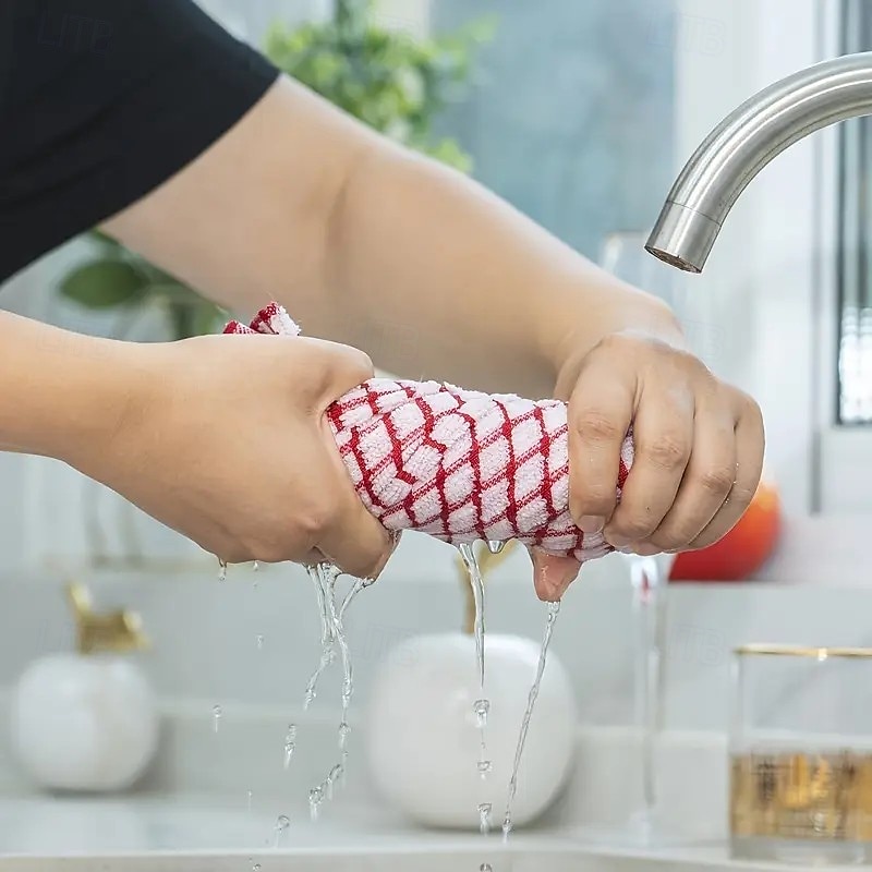 Confezione da 10 panni per la pulizia della cucina a quadretti grandi: assorbenti, riutilizzabili, in poliestere, nei colori rosso, blu, giallo &arancione per lavandino, tavolo &uso esterno del 2025 a $16.99 –P8