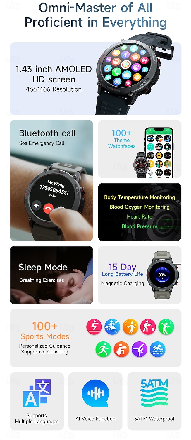 LOKMAT ZEUS 4 PRO Умные часы 1.43 дюймовый Смарт Часы Bluetooth Контроль температуры Педометр Напоминание о звонке Совместим с Android iOS Женский Мужчины 2025 - $42.99 –P2