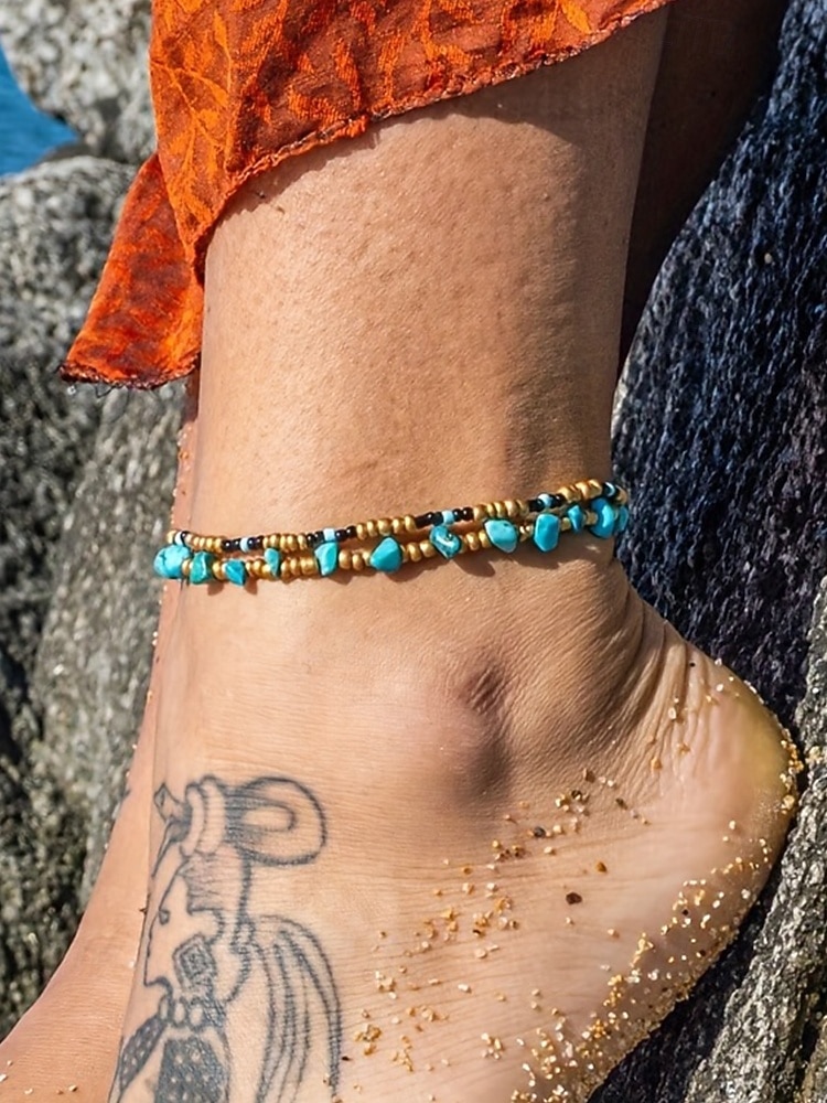 Fotlänkset med turkosa pärlor för kvinnor - bohemisk dubbelrad fotlänk med utsmyckningar i legering och ädelstenar, perfekt för stranden, poolpartyn och sommarmode 2026 - $7.99 –P1