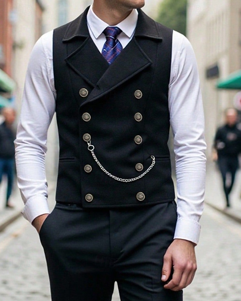 Ανδρικά Veste Γιλέκο Gilet Διακοπές Πάρτι Επιχείρηση Μοντέρνα Καθημερινό Άνοιξη Φθινόπωρο Κουμπιά Πολυεστέρας Άνετο Σκέτο Σταυρωτό Πέτο Κανονικό Μαύρο Βαθυγάλαζο Καφέ Γιλέκο 2025 - $32.99 –P4