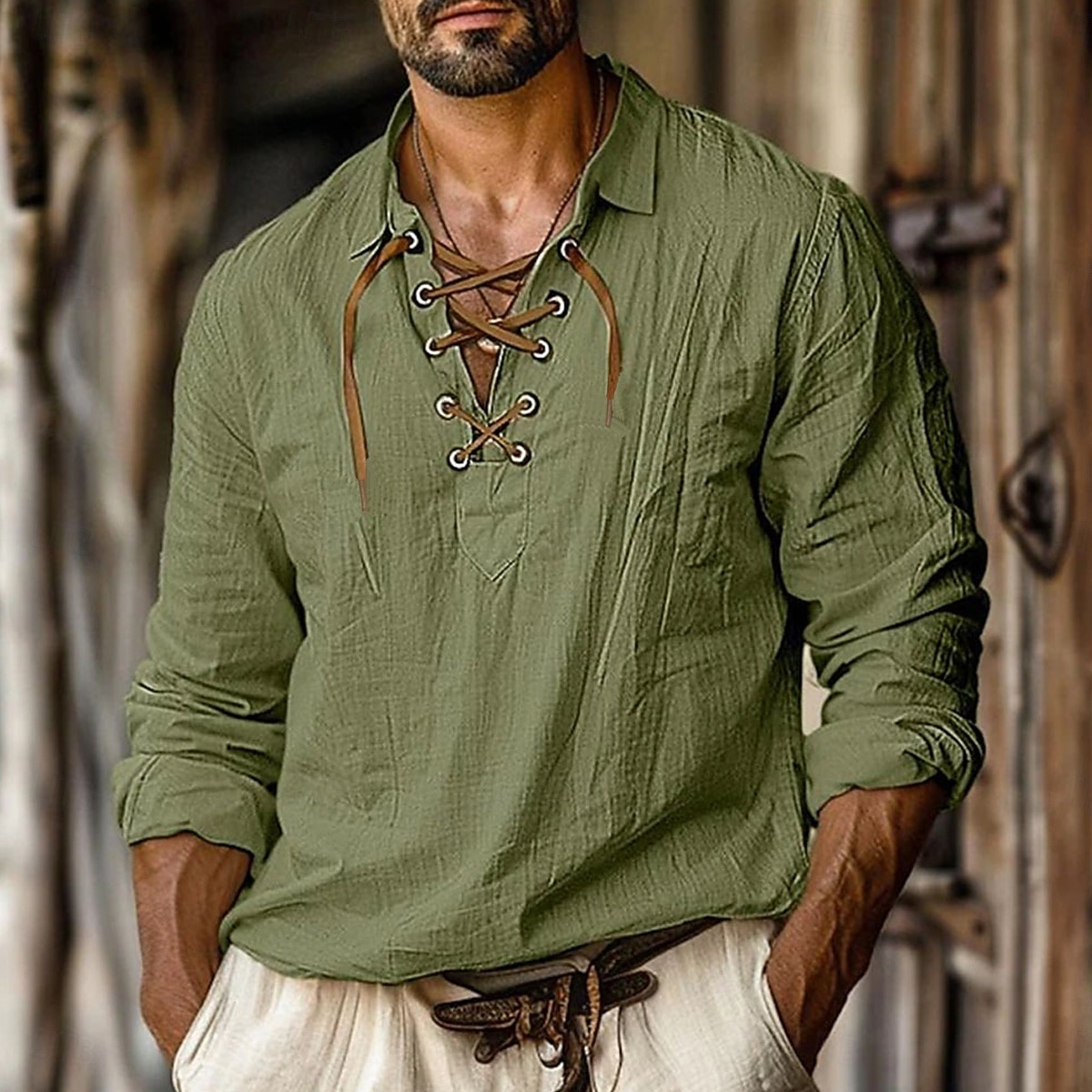 2026年 男性用 シャツ リネンシャツ バイキングスタイル サマーシャツ ビーチウェア 純色 バケーション ストリート ホワイト オレンジ グリーン ライトブルー 長袖 ノーカラー 衣類  コレクション – $28.99 –P11